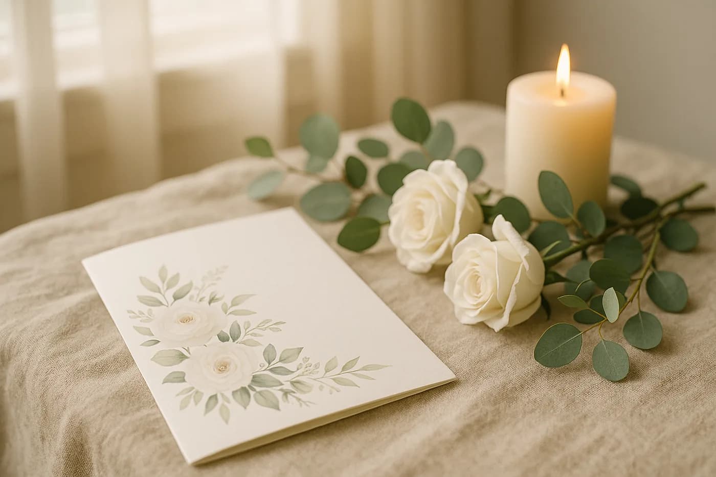 A printed memorial program resting on linen beside white roses and a candle